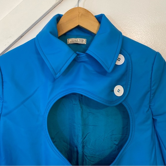 Nina Ricci Asymmetric Cutout Faux Leather Button Front Collared Blazer Blue 34 - Picture 4 of 14